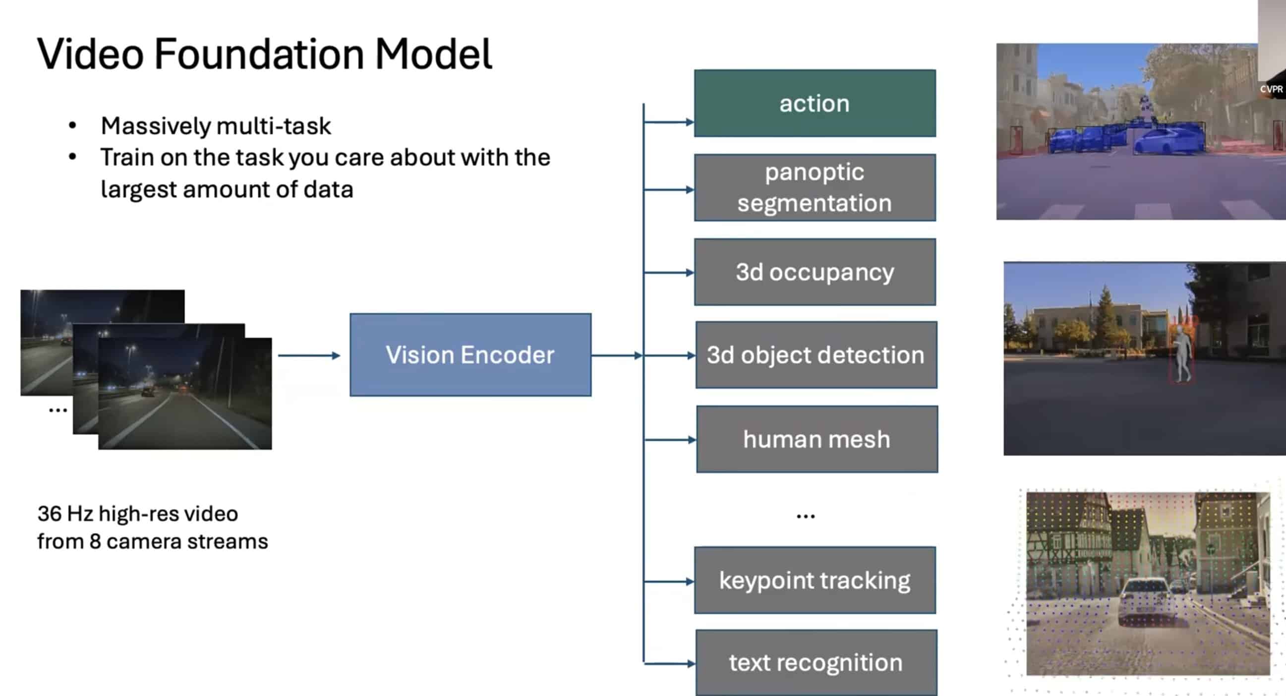 Tesla Video Foundation Model: one vision encoder feeding many task heads